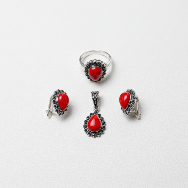 Pure 92.5 Silver Marka style pendant, earrings and ring set